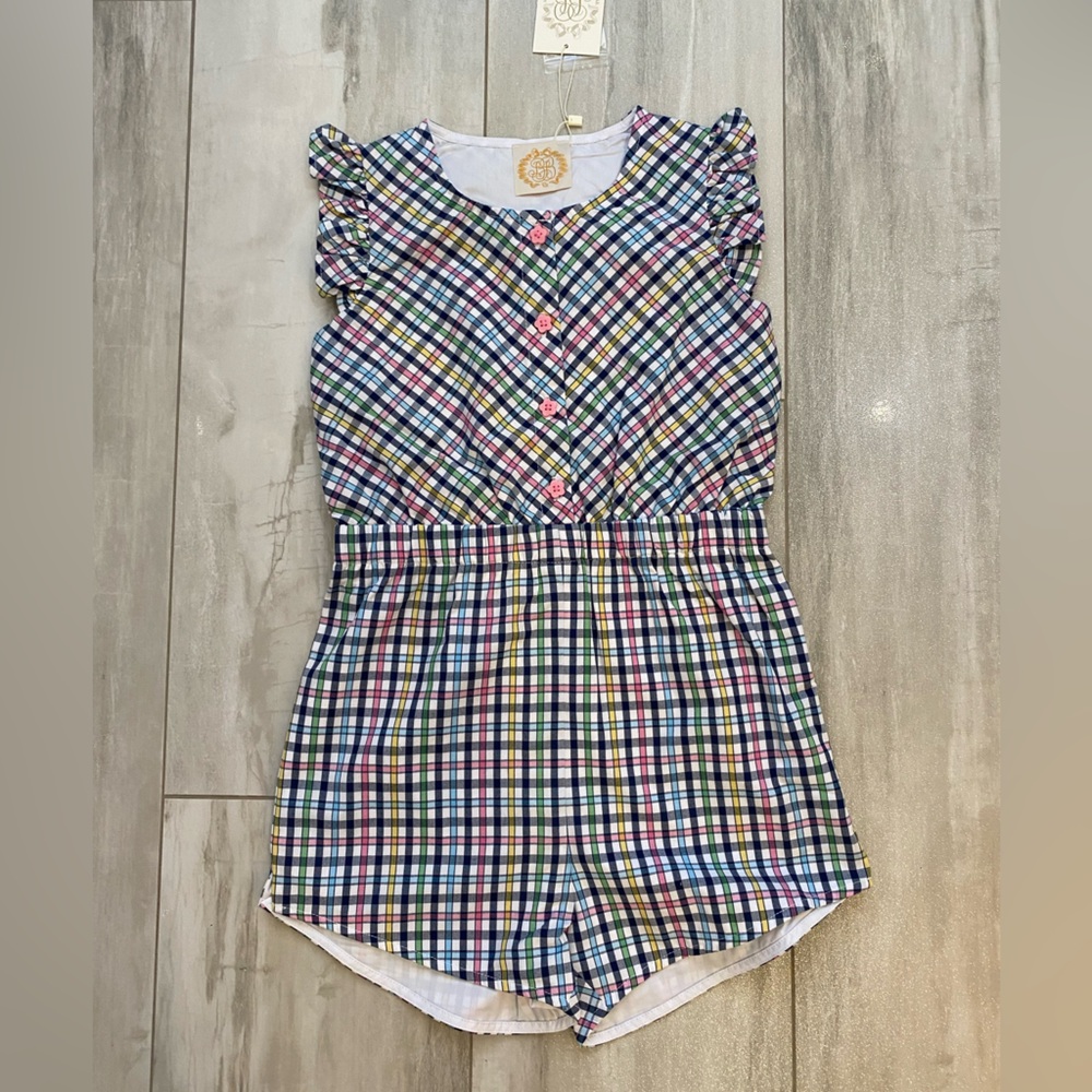 NWT TBBC Marion Rose Colorful Navy Plaid Sleeveless Jumpsuit Romper girls 7